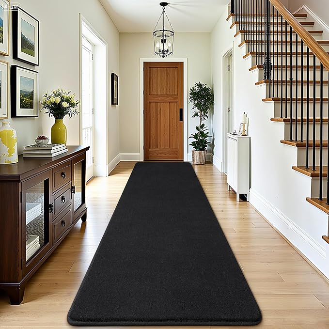 Amearea Modern Soft Hallway Runner Rug, 2x10 Feet Washable Long Runner Rugs for Hallway, Black Fluffy Bedroom Rugs, Indoor Non Slip Memory Foam Rug Carpet for Entrance Kitchen Living Room Home Decor