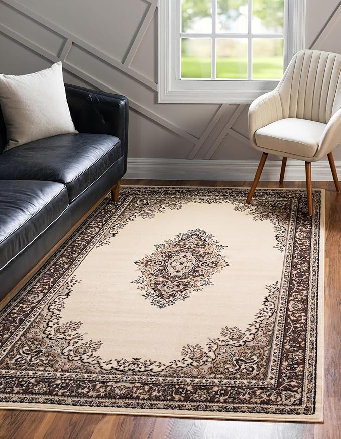 Unique Loom Reza Collection Traditional Persian Style Area Rug, Rectangular 7' 1" x 10' 0", Ivory/Brown
