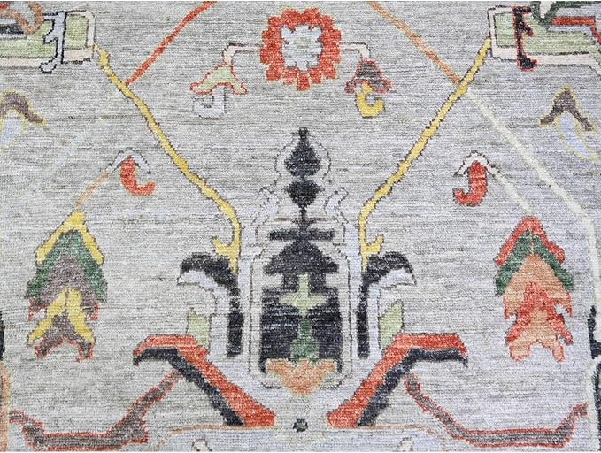 Goose Gray Afghan Angora Oushak with All Over Colorful Pattern Vegetable Dyes Organic Wool Hand Knotted Square Oriental Rug (11'9"x11'9")