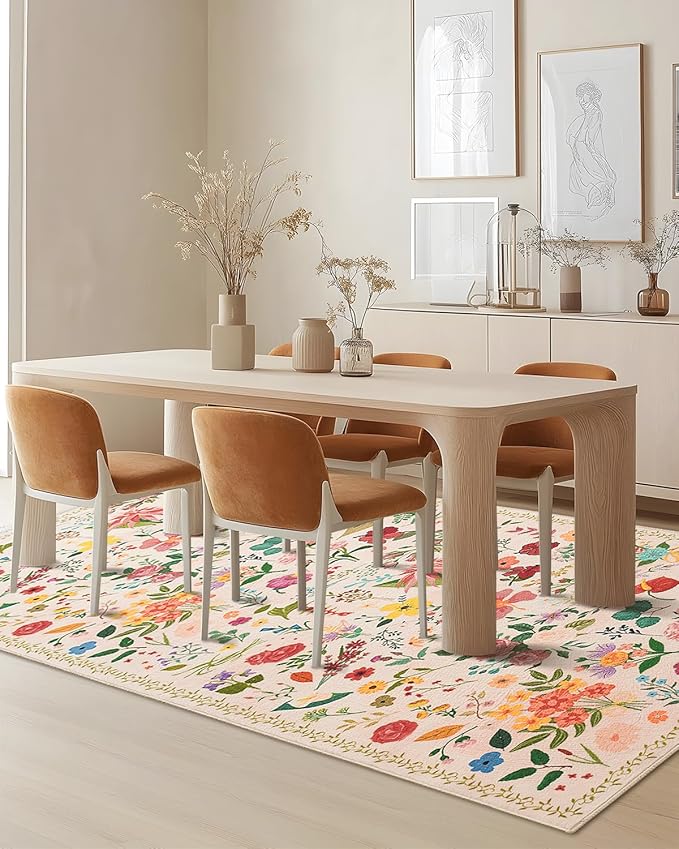 Boho Washable Area Rug 4x6 – Floral Low Pile Non-Slip Carpet for Living Room, Bedroom, Office, Playroom, Entryway, Kitchen, Dining Room (Beige)