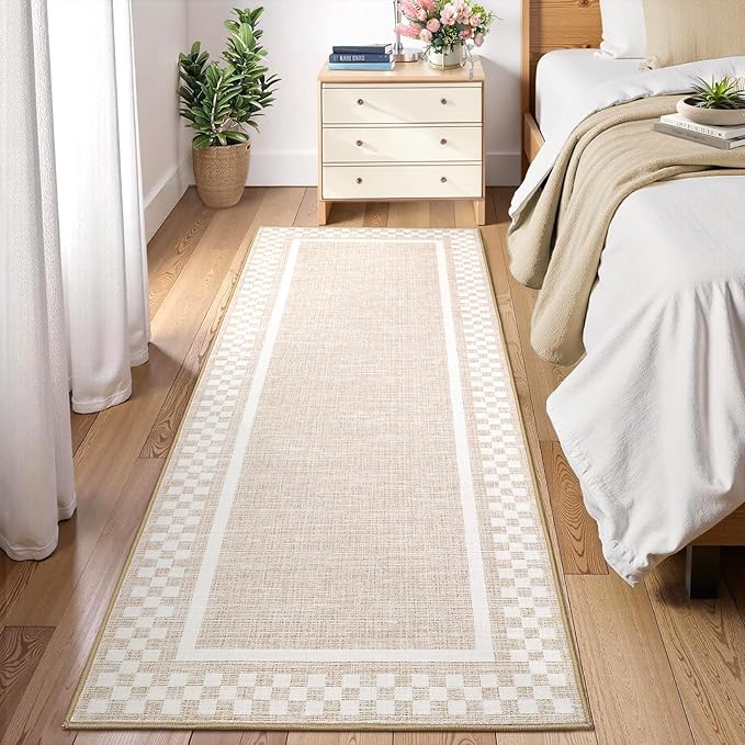 GarveeHome Kitchen Runner Rug Washable Runner Rug 2x6 for Hallway Non Slip Soft Throw Runner Carpet Modern Bordered Bathroom Mat Low Pile Checkered Runner Rugs for Bedroom Living Room Entry, Beige