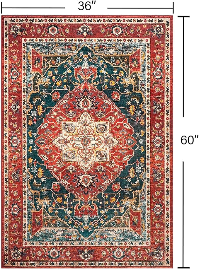 YJ.GWL Area Rugs for Living Room 3x5 Machine Washable Rugs for Bedroom, Non Slip Floral Vintage Rug Indoor Carpet, Small Floor Throw Rug for Dining Room Kitchen, Orange-Red