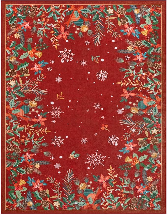 Wonnitar Christmas 8x10 Area Rugs for Living Room, Low Pile Soft Large Bedroom Rug, Non-Slip Washable Red Floral Snowflake Holiday Decor Floor Carpet for Dining Room(Christmas Red,8'x10')