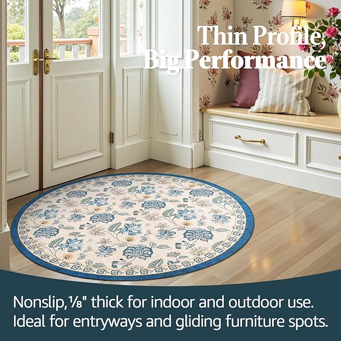 jinchan Elora 4ft Floral Round Rug for Entryway Washable Kitchen Rug Vintage Romance Design Non Slip Indoor Doormat Lightweight Low-Profile Throw Carpet for Living Room Dining Room Bedroom, Blue/Beige
