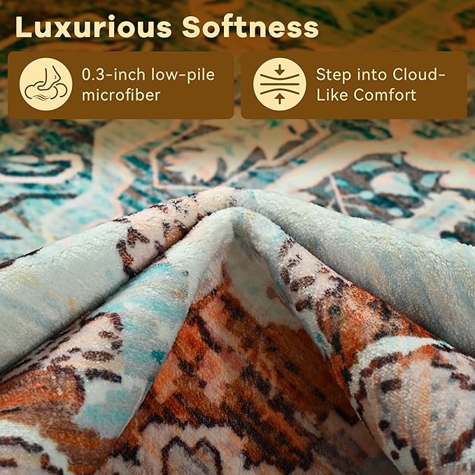 YJ.GWL Area Rugs for Living Room 8x10 Machine Washable Rugs, Non Slip Floral Vintage Rug Indoor Carpet, Stain Resistant Large Rug for Bedroom Dining Room, Copper Tan