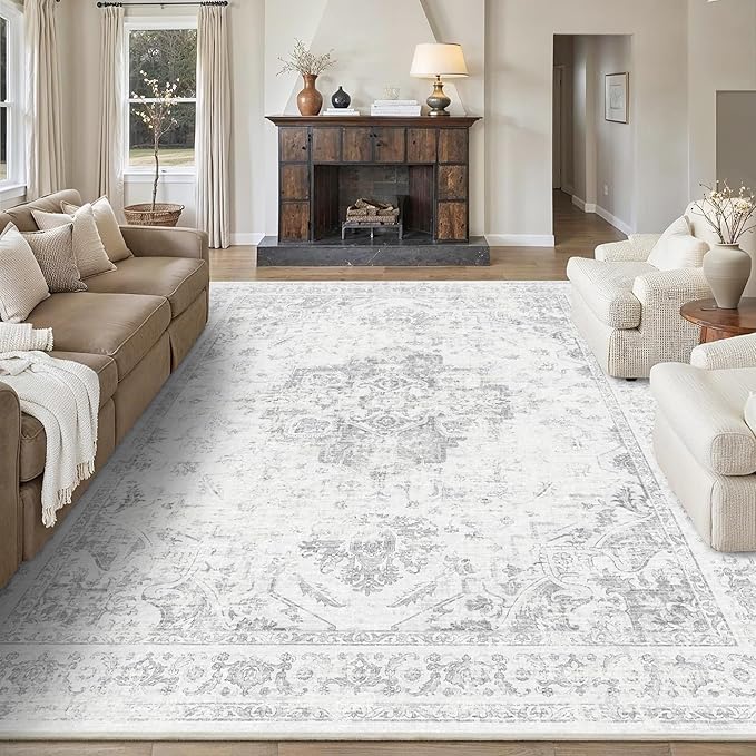 9x12 Vintage Washable Area Rugs Boho Medallion Large Distressed Retro Accent Carpet Floral Non-Slip Soft Low Pile Indoor Throw Rug for Living Room Bedroom Dining Room Office Kitchen, Gray