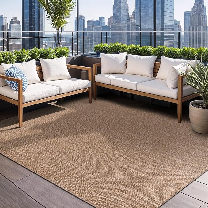 Beverly Rug Indoor Outdoor Rug 5x7, Washable Outside Carpet for Patio, Deck, Porch, Solid Modern Area Rug, Water Resistant, Jute Beige