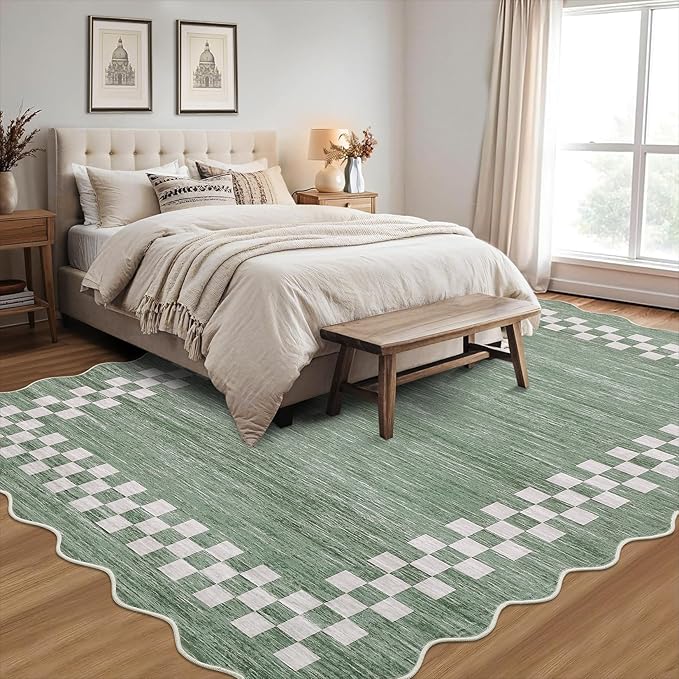 GarveeHome 4x6 Area Rug Small Washable Living Room Rug Scalloped Rug with Rubber Backing Stain Resistant Low Pile Dining Room Throw Carpet Modern Bordered Mat for Bedroom Kitchen, Green