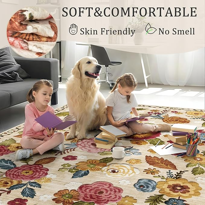 2'6''x8' Machine Washable Runner Rug, Kitchen Hallway Area Rug Beige Vintage Boho Floral Ultra Non-Slip Low Pile Soft Faux Wool Carpet, Kids and Pets Friendly for Bedroom Entryway Nursery Decor Rug