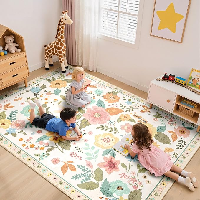 Floral 6x9 Area Rug Machine Washable Soft Print Boho Carpet Non Slip Doormat Low Pile Flower Area Rugs for Living Room Bedroom Nursery Kitchen Dining Room Indoor-Beige/White/Orange