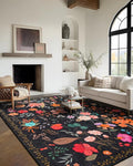 Area Rug 9x12, Washable Large Rugs for Living Room, Non Slip 0.27" Low Pile Vintage Floral Large Carpet for Bedroom, Dining Room, Kids Playroom (Black)