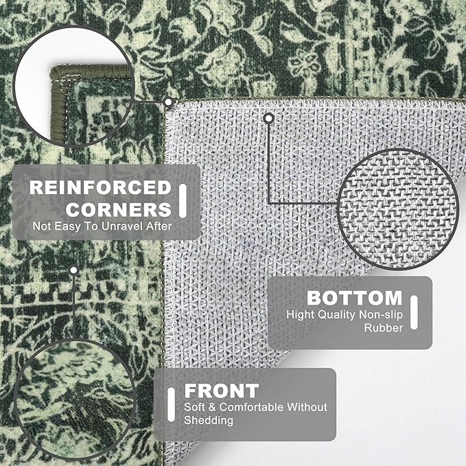 KILOCOCO Hallway Runner 2x5 Kitchen Runner Rug Printed Vintage Floral Washable Non-Slip Runners for Hallways Laundry Room Rugs Distressed Boho Rug Runners for Bedroom, Green