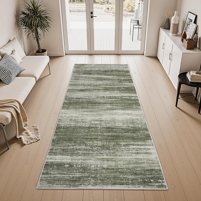 PADOOR Modern Abstract Runner Rug - 2.6x8 Washable Hallway Rugs, Ultra Soft Non-Slip Low Pile Floor Rugs for Hallway Entryway Kitchen Bedroom Bedside Laundry Room Green