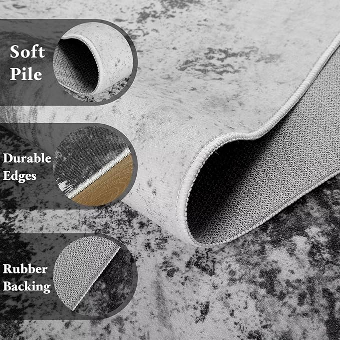 Washable Abstract Rug, 5x8 Modern Area Rugs with Non-Slip Rubber Backed for Living Room, Thin but Soft Contemporary Carpet Kitchen Bedroom Dining Room Decor, Black Grey