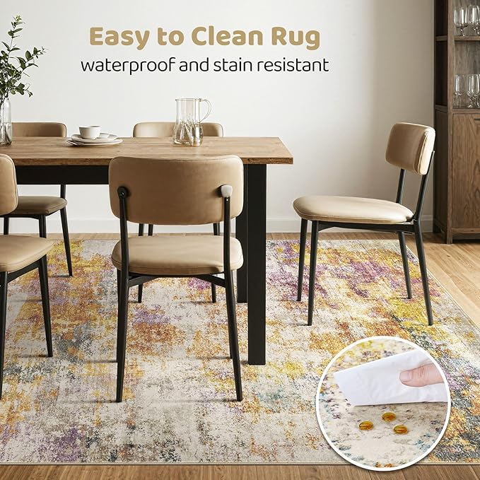 5x7 Area Rugs Living Room: Machine Washable Large Abstract Modern Soft Rug Stain Resistant Indoor Floor Non-Slip Accent Carpet for Bedroom Nursery Playroom Office Dining Room Dorm- Gold Colorful