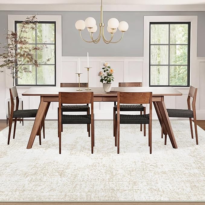Vintage Living Room Area Rug - 8x10 Large Machine Washable Boho Moroccan Rug Distressed Farmhouse Rugs for Bedroom - Soft Non-Slip Indoor Carpet for Dining Room Office Nursery(Ivory, 8'x10')