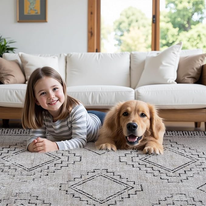 ILANGO Area Rugs 5x7, Moroccan Grey Rugs for Living Room Machine Washable Area Rugs Dedroom with Rubber Backing Non Slip Carpet for Farmhouse Dining Room, Ultra-Thin, Foldable, Easy Clean