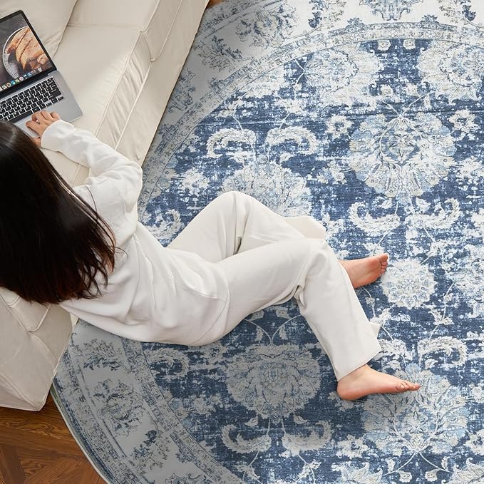 jinchan Fiora Round Rug 7ft Area Rug - Dark Blue Vintage Floor Mat Indoor Ultra-Thin Soft Floral Print - Washable Circle 7' Retro Accent for Farmhouse Non Slip Dining Room Living Room Bedroom Office