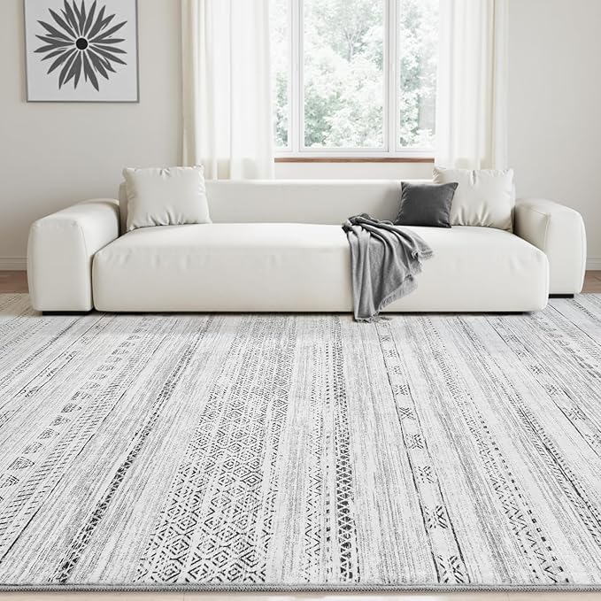 9x12 Area Rugs for Living Room Machine Washable Rug Distressed Indoor Carpet Neutral Moroccan Boho Rug Ultra Soft Area Rug for Bedroom Dining Room Playroom Office, Black