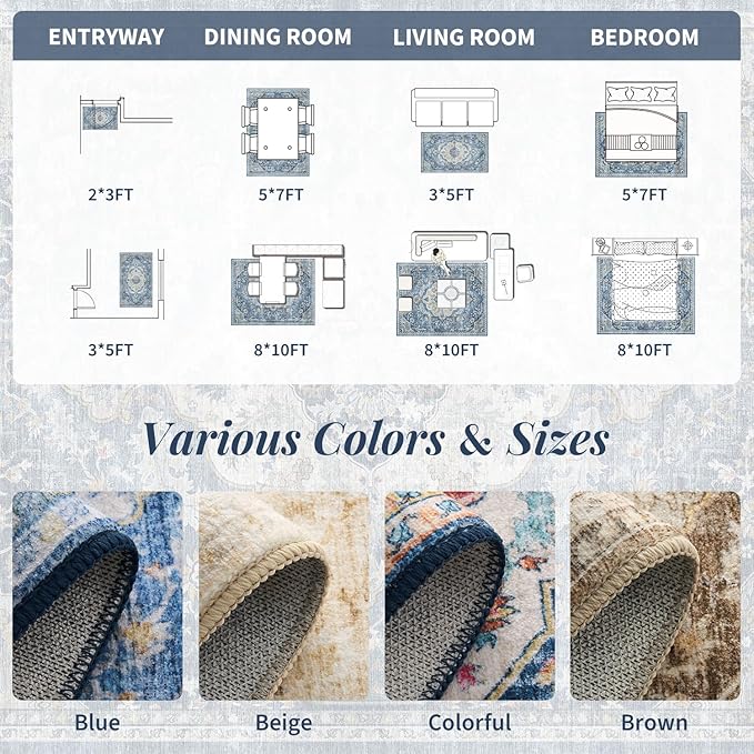 tchdio 8x10 Area Rugs for Living Room, Vintage Non Slip Washable Rug, Soft Low Pile Area Rug Large Floor Indoor Carpet for Bedroom, Dining Room, Office (Blue, 8'x10')