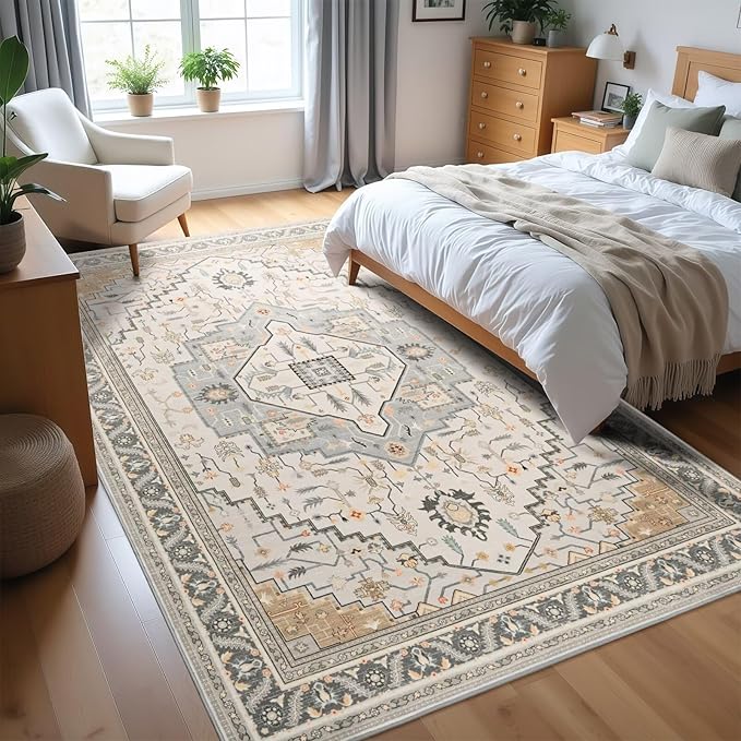 6x9 Grey Beige Area Rug for Living Room, Machine Washable Rugs with Non-Slip Backing for Bedroom, Vintage Medallion Carpet Dining Room Office Kids Room Decor