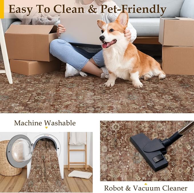 HUGEAR 2x8 Runner Rug Machine Washable Brick Red Hallway Area Rug Indoor Accent Rugs Floral Low Pile Carpet Soft Throw Rugs Bedroom Living Room Office Dining Kitchen Laundry Non Slip