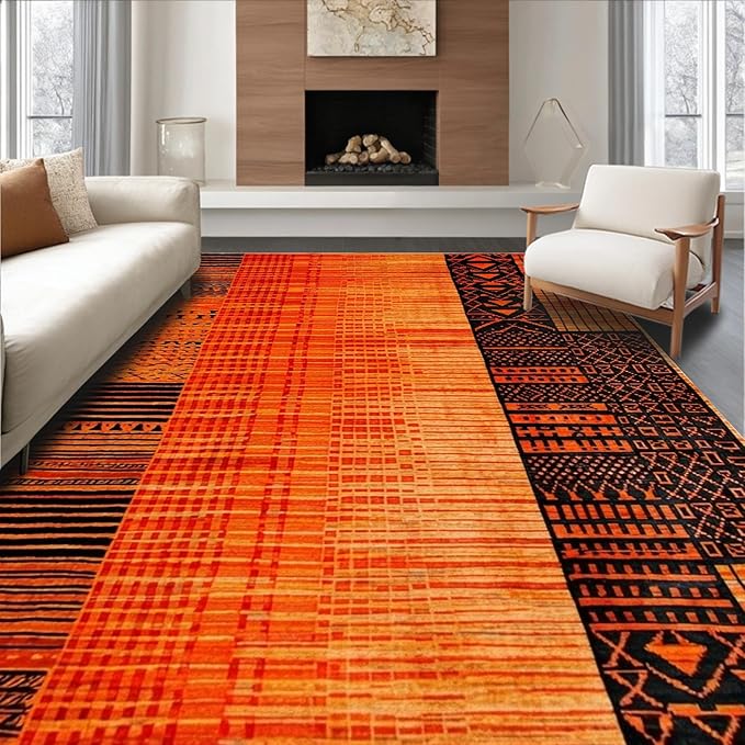 Flatwoven High Traffic Area Rug 5x7, Burnt Orange Copper Fiery Abstract Shape Floor, Non Slip, Stain Resistant, Washable Area Rugs for Living Room, Bedroom (Orange, 5x7)