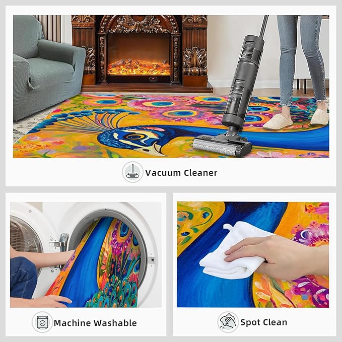Peacock Rugs for Living Room - 5x8 Rug, Boho Floral Botanical Area Rugs for Bedroom, Wonderful Peacock Rug, Peafowl Washable Carpet, Floral Animal Carpet - Peafowl Home Decor & Gifts