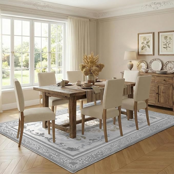 SOULFUL Medium Pile 8x10 Rugs for Living Room - Soft Foot Feel Large Area Rug - Light Taupe Boho Floral - Washable Non-Slip - Perfect for Bedroom Kids Room Under Dining Table Office