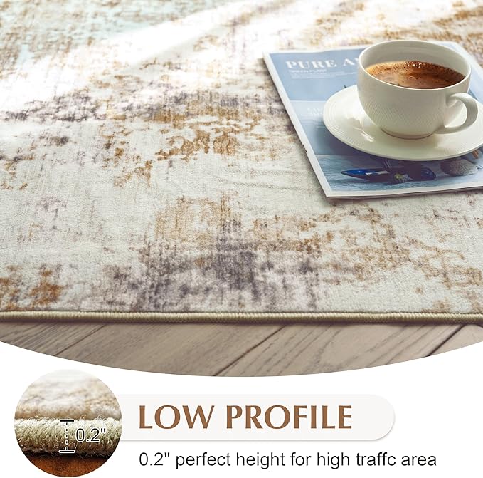 FMFUNCTEX 4x6 Washable Area Rug Abstract Modern Neutral Brown Grey Non Slip Soft Low Pile Thin Accent Entryway Entrance Indoor Carpet for Living Room Bedroom Dining Office Nursery Bedside, Grey Gold