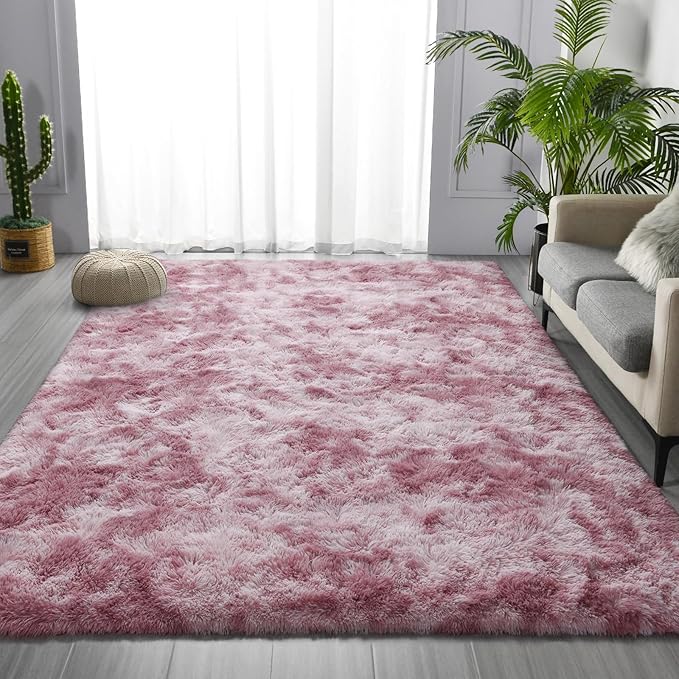 Large Shag Area Rugs 5 x 8, Tie-Dyed Plush Fuzzy Rugs for Living Room, Ultra Soft Fluffy Furry Rug for Bedroom, Indoor Carpet Nursery Rugs for Kids Room Home Decor, Pink Purple