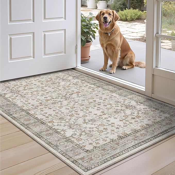 LUMI Indoor Thin Door Mat, 32x47 Washable Small Inside Doormat, Non Slip Low Pile Oriental Floor Carpet, Vintage Distressed Area Rug for Front Door,Entrance,Bedroom, Celadon