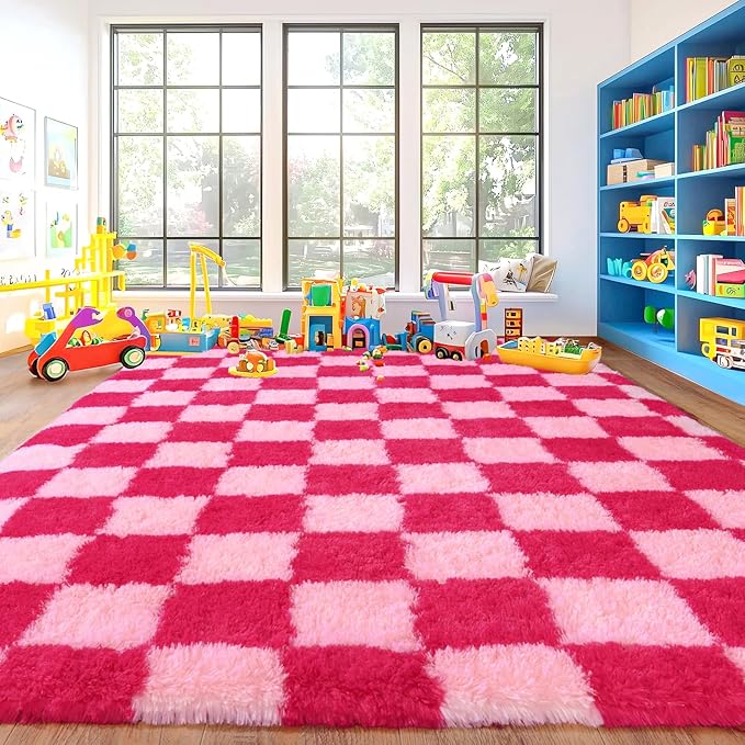 Area Rugs for Living Room, Soft Shaggy Carpets for Living Room, Fuzzy Rugs for Kids' Room, Perfect Decor for Modern Home Hot Pink Grid 9x12 Feet