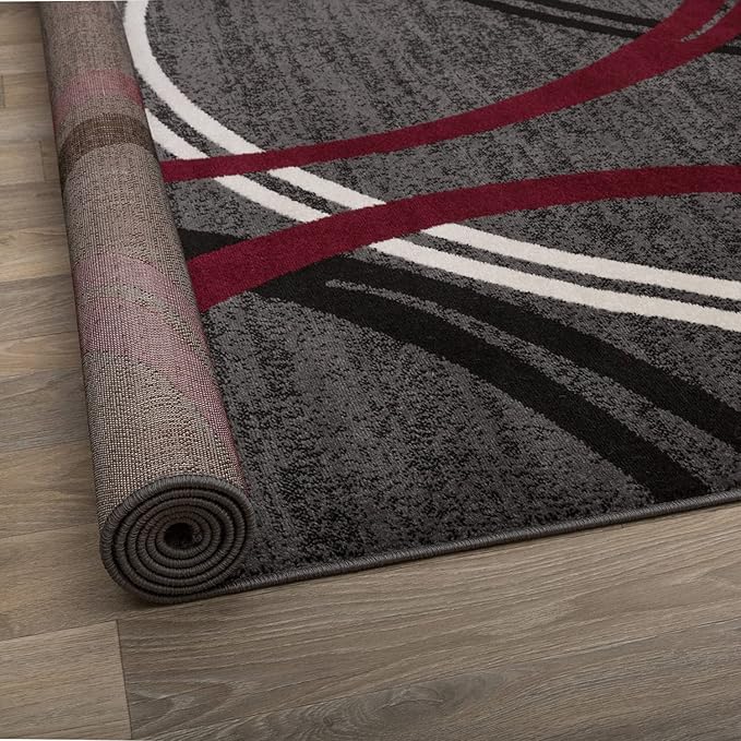 Rugshop Modern Wavy Circles Design Non-Shedding Round Rug, Carpet for Dining Room or Living Room, Red, 6'6" Round