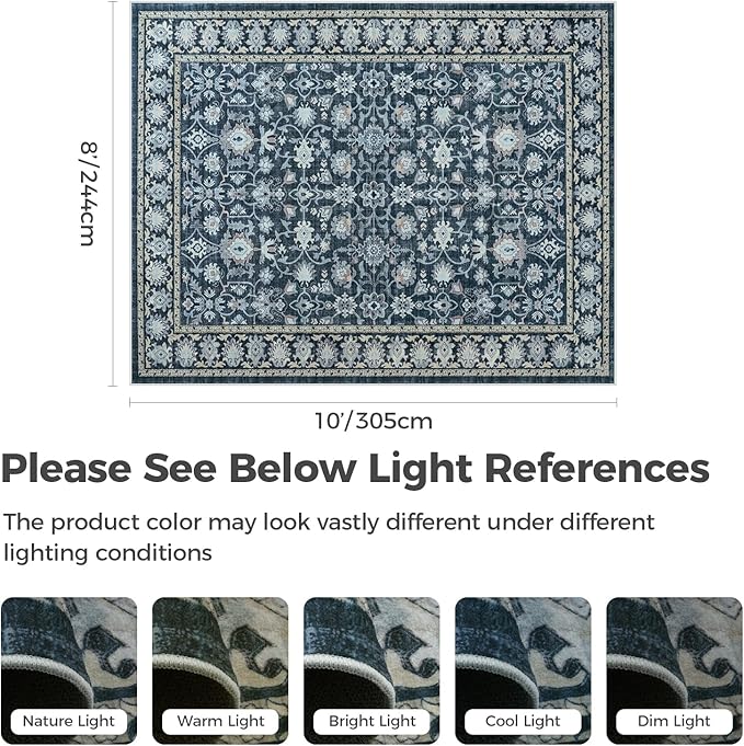 LIVEBOX Washable Area Rug 8x10 - Large Blue Boho Living Room Rug Vintage Rugs for Bedroom, Non-Slip Retro Floral Carpet Print Distressed Accent Rugs for Dining Room Home Office