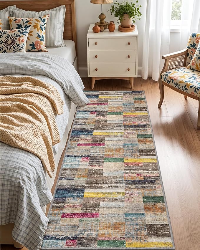 LUMI Washable Runner Rug, 3'x8' Non-Slip Hallway Mat, Low Profile Thin Long Carpeet for Laundry Kitchen Bedroom Office, Multicolor