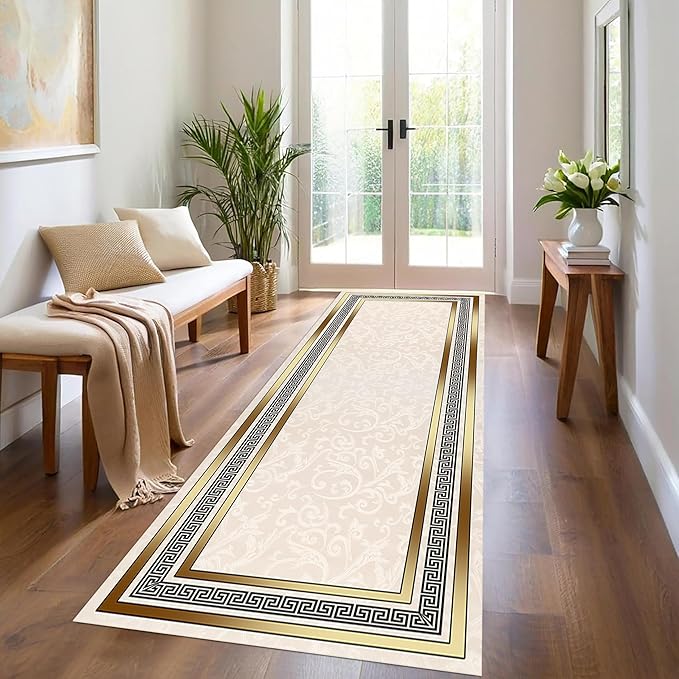 Classic Bohemian Hallway Rugs, 2x6ft, Western Retro Greek Key Beige Fade Resistant Hall Rug, Washable Kitchen Low-Pile Floor Carpet Runners for Bathroom Laundry