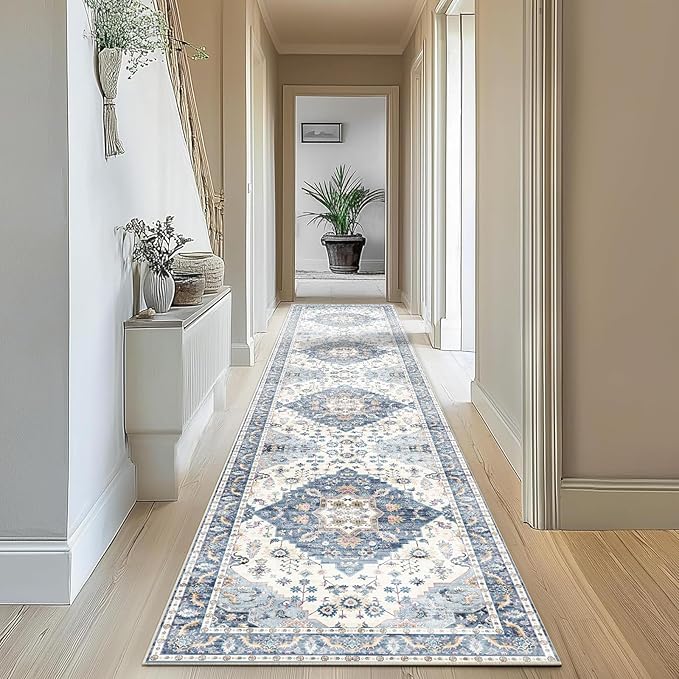 Enkor Runner Rugs for Hallway, 2.6x10.5 Washable Soft Non Slip Floor Rugs for Kitchen, Modern Mat for Living Room Bedroom Entryway Blue & White