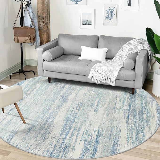MUJOO Round Rugs 6ft,Circle Area Rug Washable,Circular Rugs for Living Room Dining Room,Large Modern Abstract Non Slip Throw Carpet Accent Neutral Blue