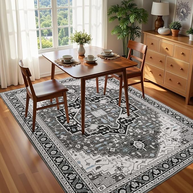 3x5 Black Grey Area Rug for Living Room, Machine Washable Rugs with Non-Slip Backing for Bedroom, Vintage Medallion Carpet Kitchen Laundry Kids Room Decor