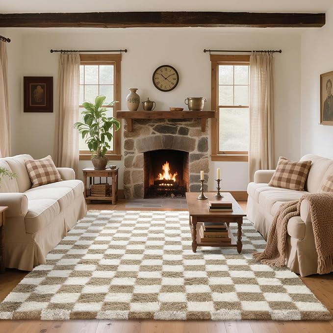 8x10 Area Rugs for Living Room Bedroom, Soft Fluffy Shaggy Bedside Rug, Indoor Floor Carpet for Kids Playroom, Dorms, Nursery Rooms, Home Decor (Camel & White 8'x10')