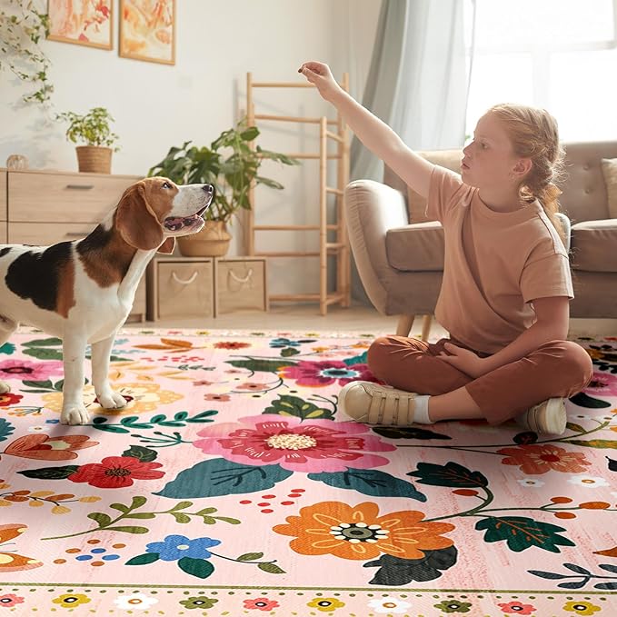 Floral 2x10 Area Rug Machine Washable Soft Print Boho Carpet Non Slip Doormat Low Pile Flower Area Rugs for Living Room Bedroom Nursery Kitchen Dining Room Indoor-Pink