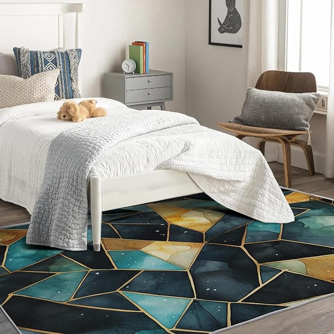 Blue and Gold Rug, 4x6 Rug, Watercolor Art Rugs for Entryway, Luxury Large Area Rug, Washable Rug Non Slip Soft Indoor Carpet, Kids and Pets Friendly, Blue and Gold Home & Room Decor