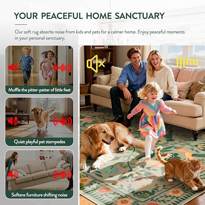 Moynesa Green Washable 8x10 Area Rugs for Living Room Bedroom Dining Room, Modern Farmhouse Country Floral Bird Print Pattern Medallion Carpet, Aesthetic Home Decorations Open Floor Areas Protection