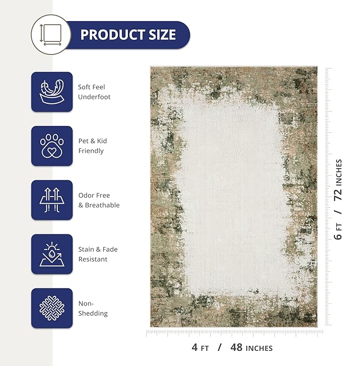 Abani Beige with Green Border Washable Area Rug – 4' x 6' – Classic Textured Design – Ivy Collection – Non-Shedding, Easy to Clean – Durable for High Traffic Areas – Living Room & Bedroom