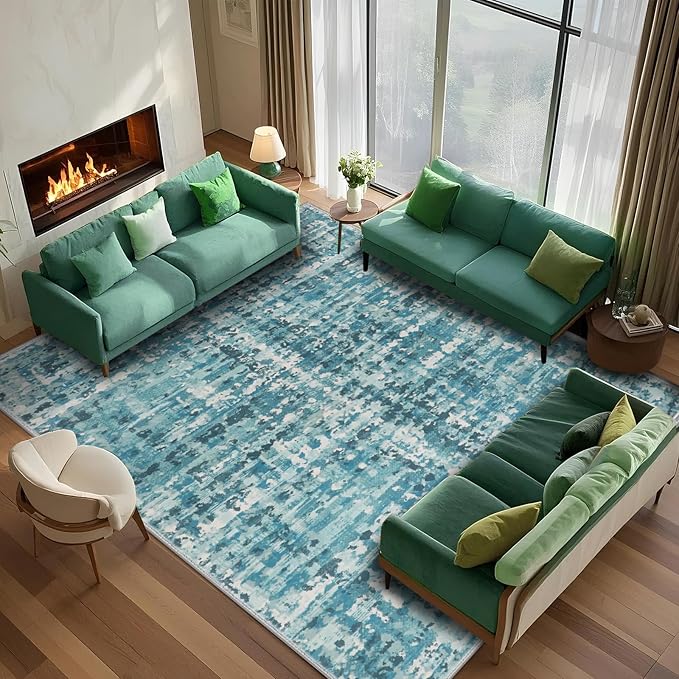 5x7 Abstract Area Rugs for Living Room, Modern Teal Blue Washable Indoor Rug for Bedroom, Thin Soft Large Non-Slip Carpet for Dining Room Home Office Farmhouse Decor