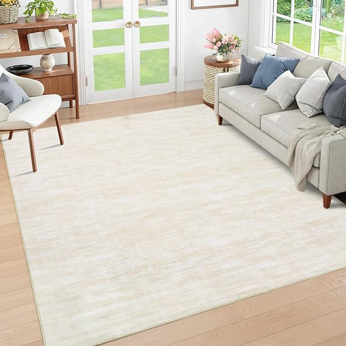 RUGSREAL Solid Machine Washable Area Rug Soft Low-Pile Modern Contemporary Area Rug Non-Slip Throw Indoor Carpet for Living Room Bedroom Kids Room, 4' x 6' Cream-White