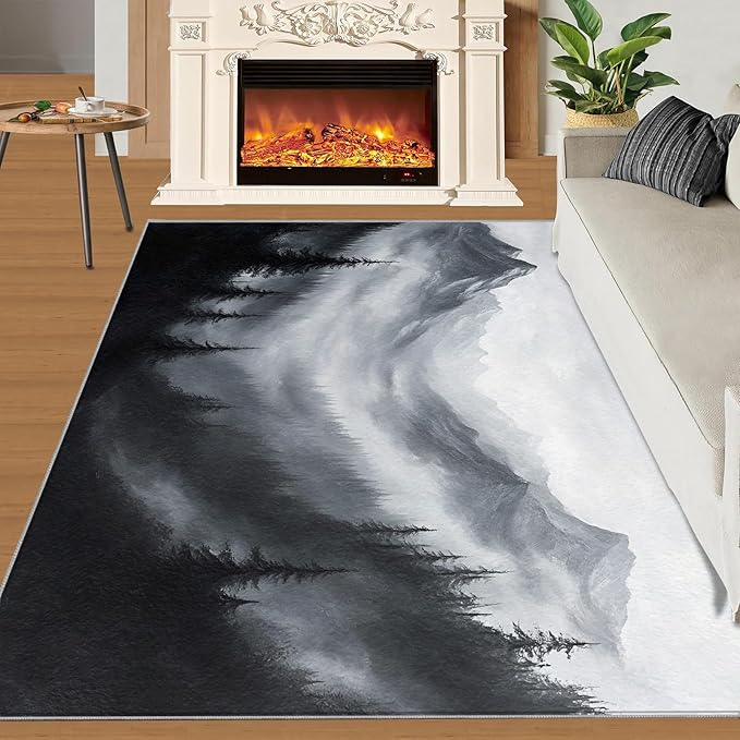 Misty Forest Rugs for Bedroom - 5x7 Area Rug - Modern Black White Art Rugs for Living Room, Natural Landscape Rug, Washable Home Decor Carpet