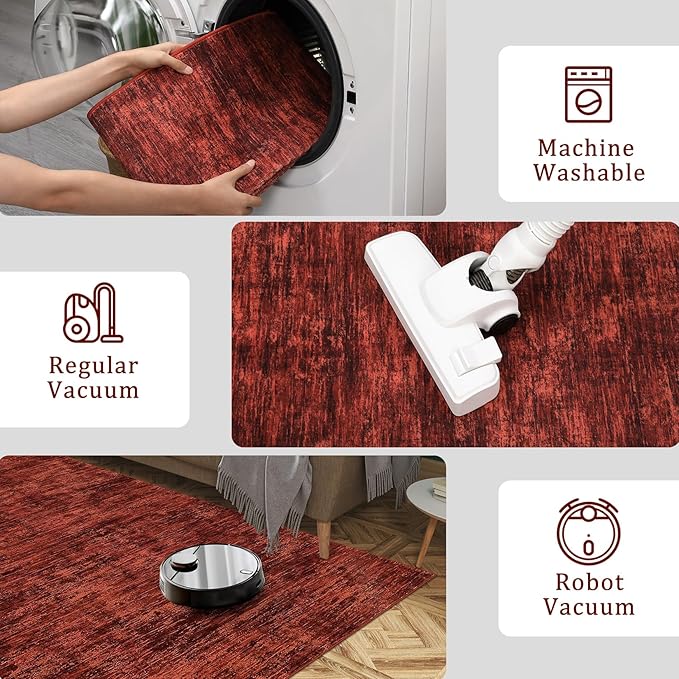 RUGSREAL Living Room Area Rug 9x12 Washable Rug Non-Slip Stain Resistant Modern Abstract Bedroom Rug Contemporary Throw Floor Carpet for Dining Room Solid Area Rug for Home Office, Red