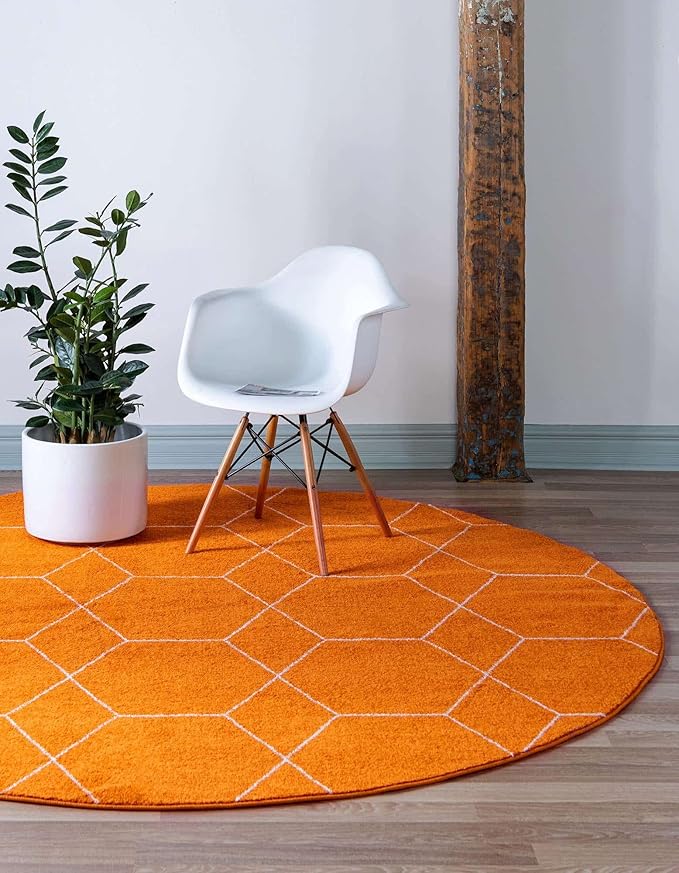 Unique Loom Trellis Frieze Collection Area Rug - Geometric (5' 1" Round, Orange/ Ivory)